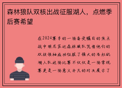 森林狼队双核出战征服湖人，点燃季后赛希望