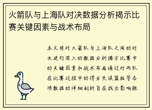 火箭队与上海队对决数据分析揭示比赛关键因素与战术布局