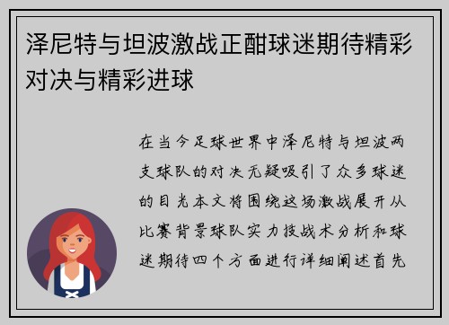 泽尼特与坦波激战正酣球迷期待精彩对决与精彩进球