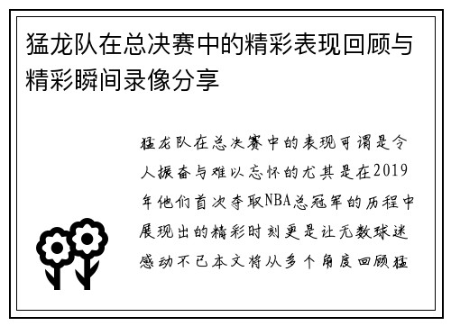 猛龙队在总决赛中的精彩表现回顾与精彩瞬间录像分享