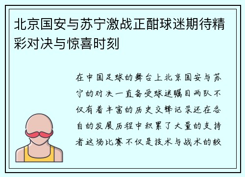 北京国安与苏宁激战正酣球迷期待精彩对决与惊喜时刻