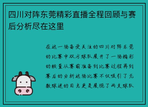 四川对阵东莞精彩直播全程回顾与赛后分析尽在这里