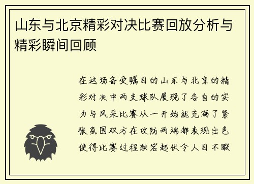 山东与北京精彩对决比赛回放分析与精彩瞬间回顾