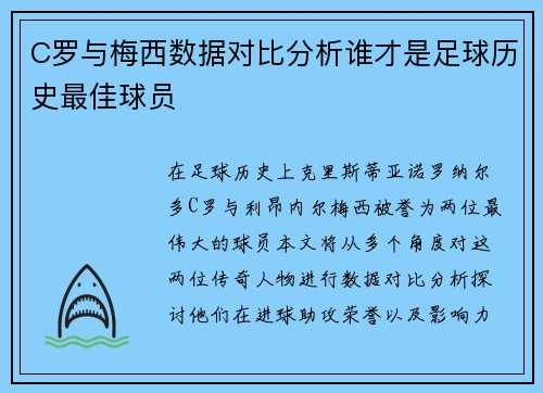 C罗与梅西数据对比分析谁才是足球历史最佳球员