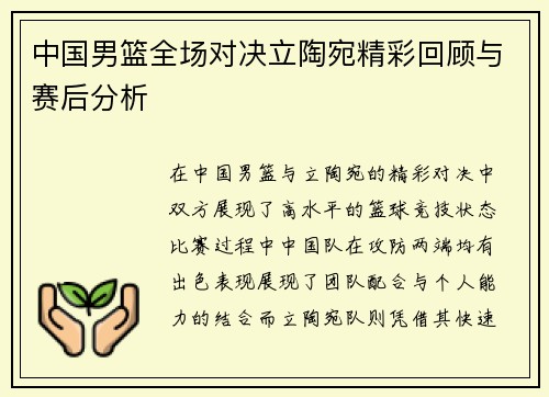 中国男篮全场对决立陶宛精彩回顾与赛后分析