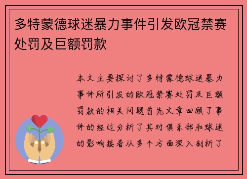 多特蒙德球迷暴力事件引发欧冠禁赛处罚及巨额罚款