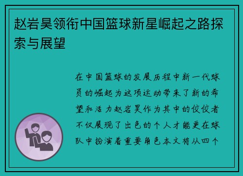 赵岩昊领衔中国篮球新星崛起之路探索与展望