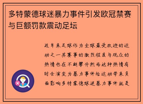 多特蒙德球迷暴力事件引发欧冠禁赛与巨额罚款震动足坛