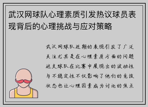 武汉网球队心理素质引发热议球员表现背后的心理挑战与应对策略