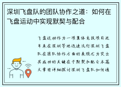深圳飞盘队的团队协作之道：如何在飞盘运动中实现默契与配合