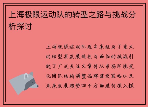 上海极限运动队的转型之路与挑战分析探讨