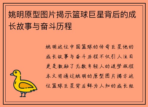 姚明原型图片揭示篮球巨星背后的成长故事与奋斗历程