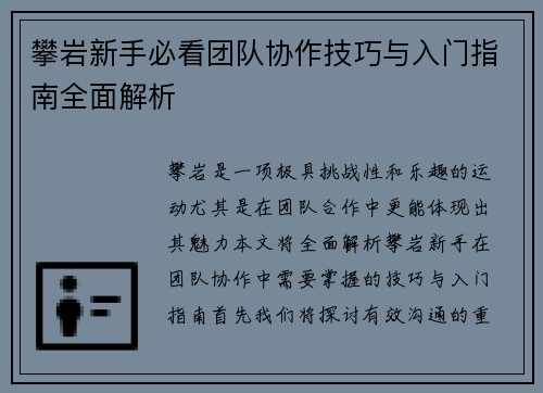 攀岩新手必看团队协作技巧与入门指南全面解析