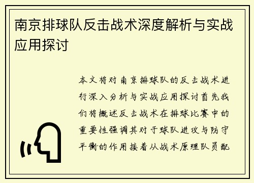南京排球队反击战术深度解析与实战应用探讨