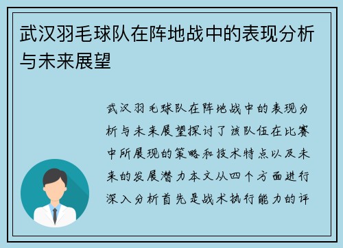 武汉羽毛球队在阵地战中的表现分析与未来展望